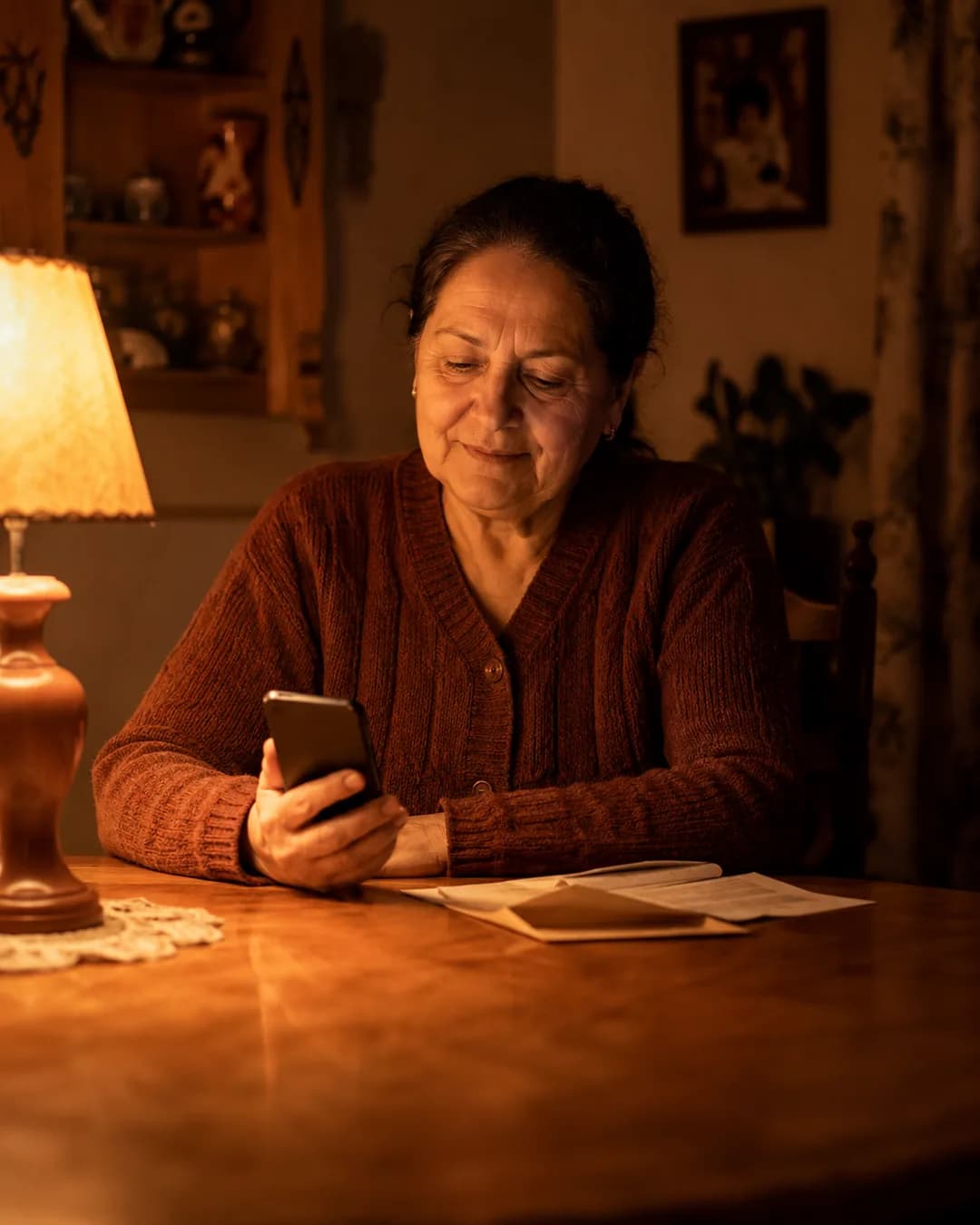A parent at home in the evening, holding a phone