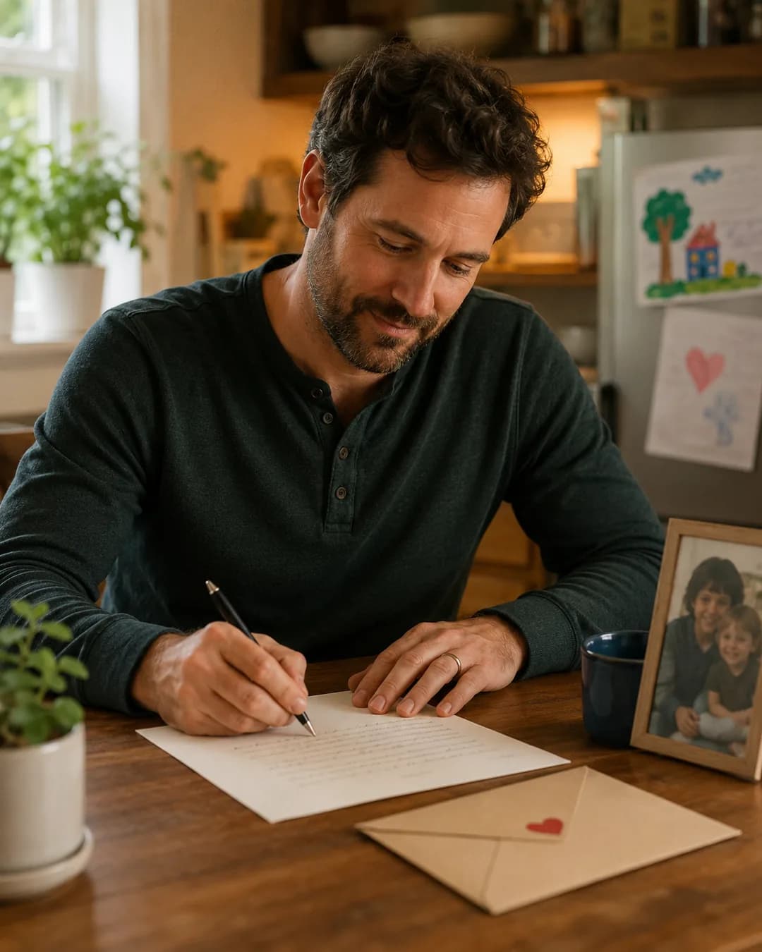 A parent writing a letter at a kitchen table in warm afternoon light