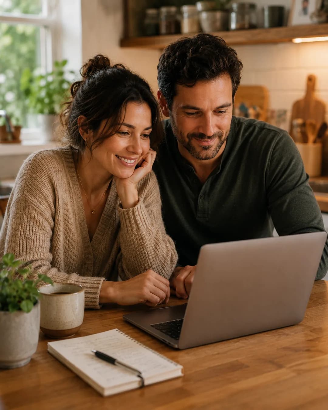 Two partners at a kitchen counter looking at a phone together